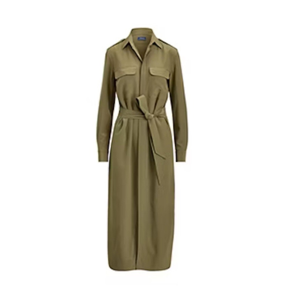 Polo Ralph Lauren Silk Shirtdress 2 Olive Green Belted Tie Maxi Crepe de Chine‎